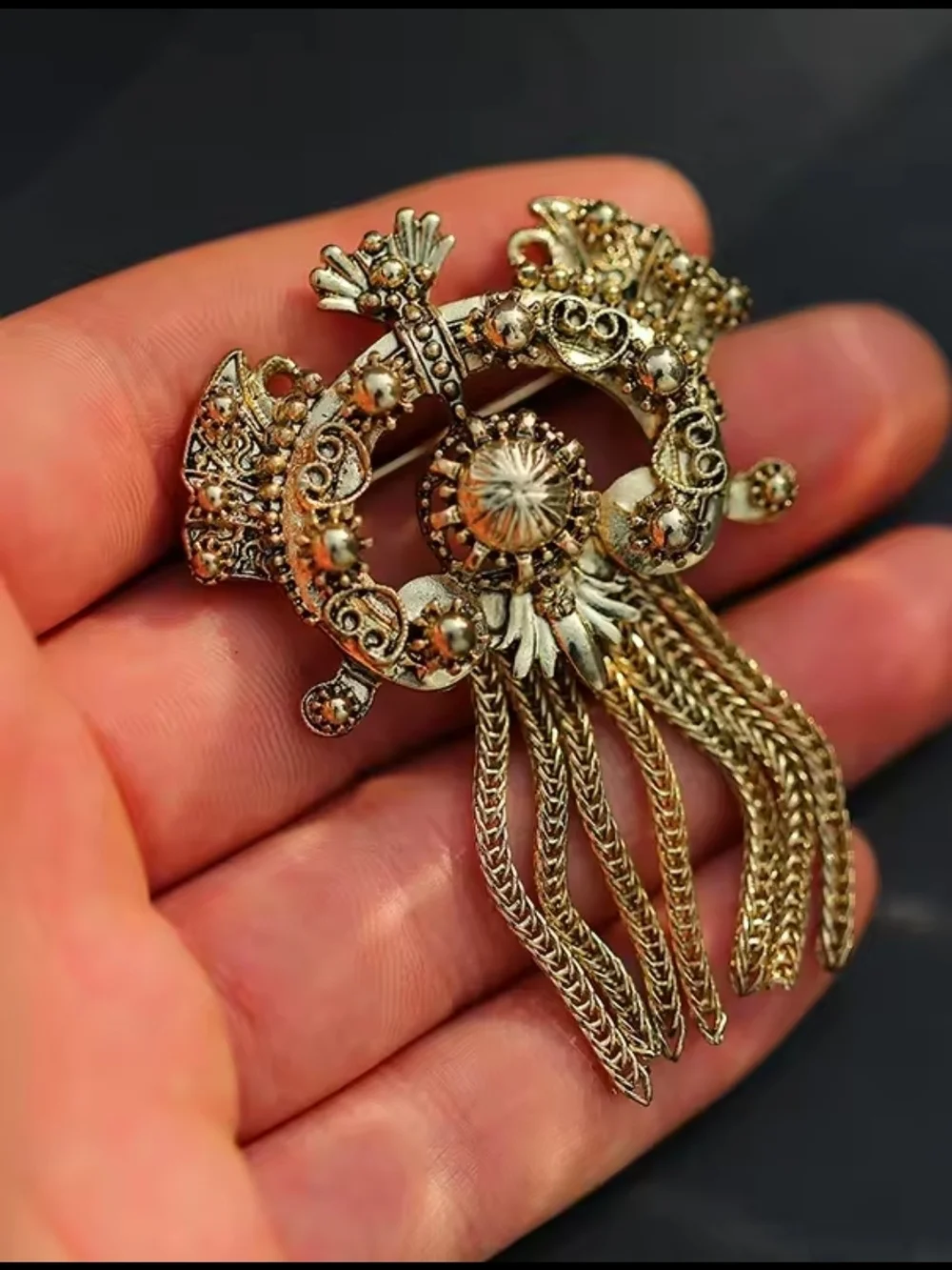 Gold-Tone Ornate Tassel Brooch with Filigree